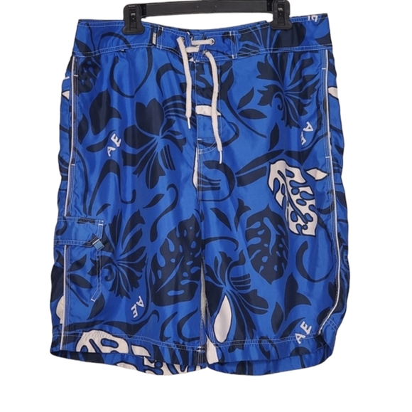 American Eagle Shorts Mens Size 38 Blue Hawaiian Print Drawstring Beach Shorts - Picture 11 of 11